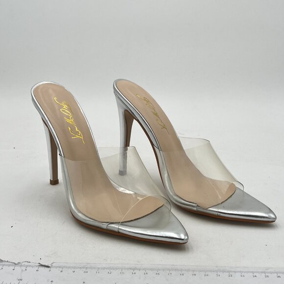 FOWT Silver Clear Mule Pointed Open Toe Slippers with Sexy High Heel Sandals - Picture 4 of 8